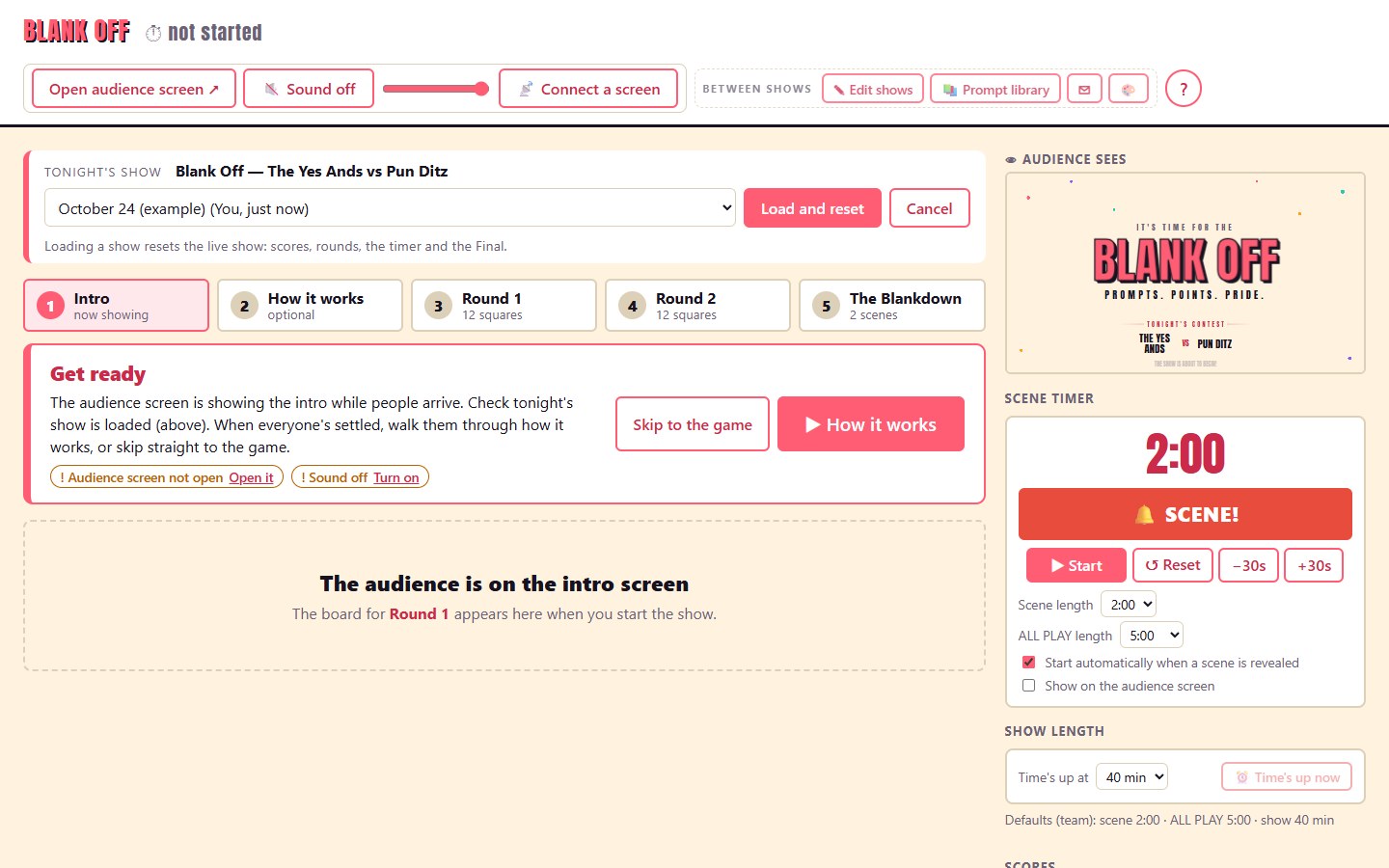 Host page with the Load a show panel open and the October 24 example show chosen