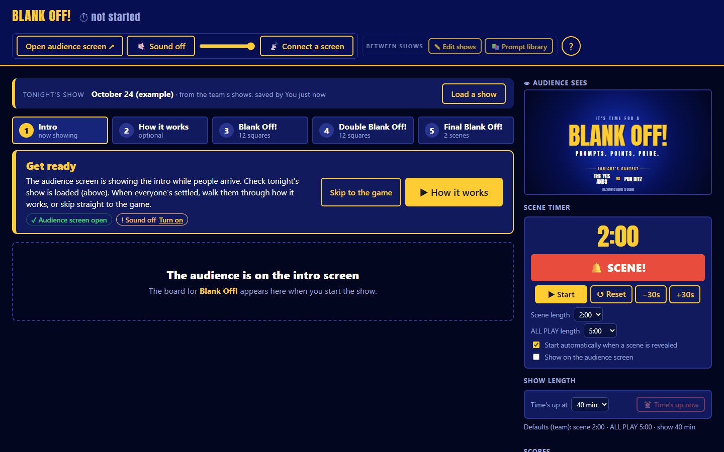 Host page on the intro: Get ready guide with Start the show, and a placeholder where the board will be