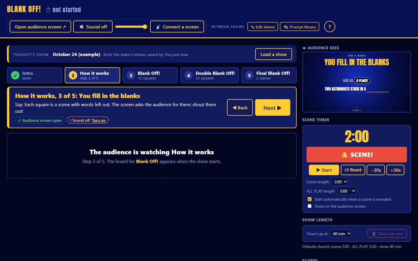 Host page during How it works: step 3 of 5, You fill in the blanks, with a line to say, Back and Next buttons
