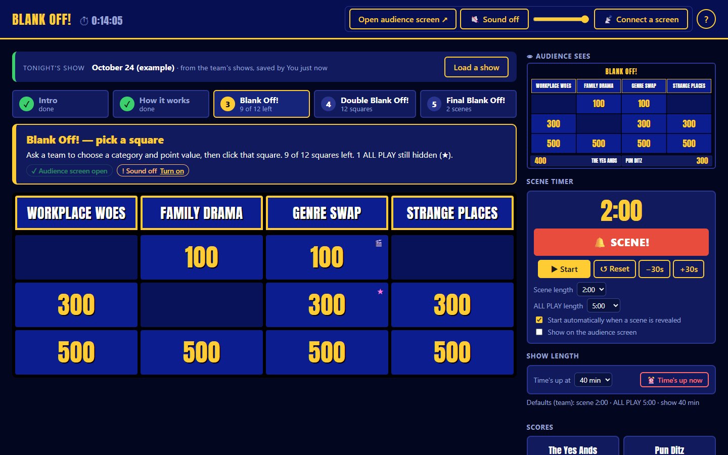 Host board mid-round with three squares played, a star on one square, the scene timer and show length in the sidebar