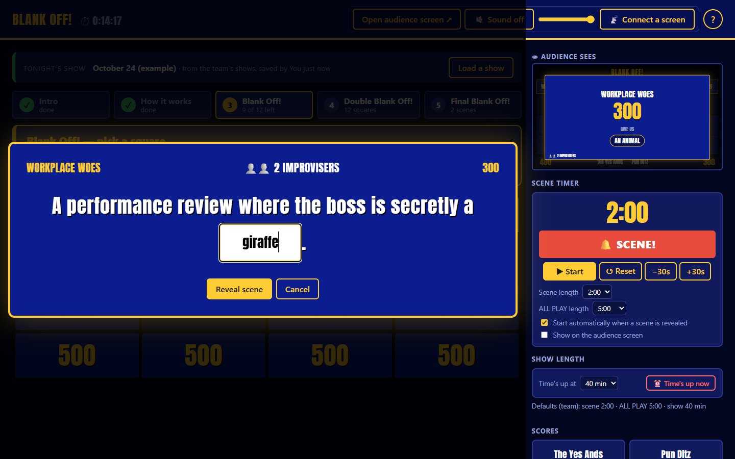 Host prompt pop-up asking the audience for an animal, with giraffe typed in