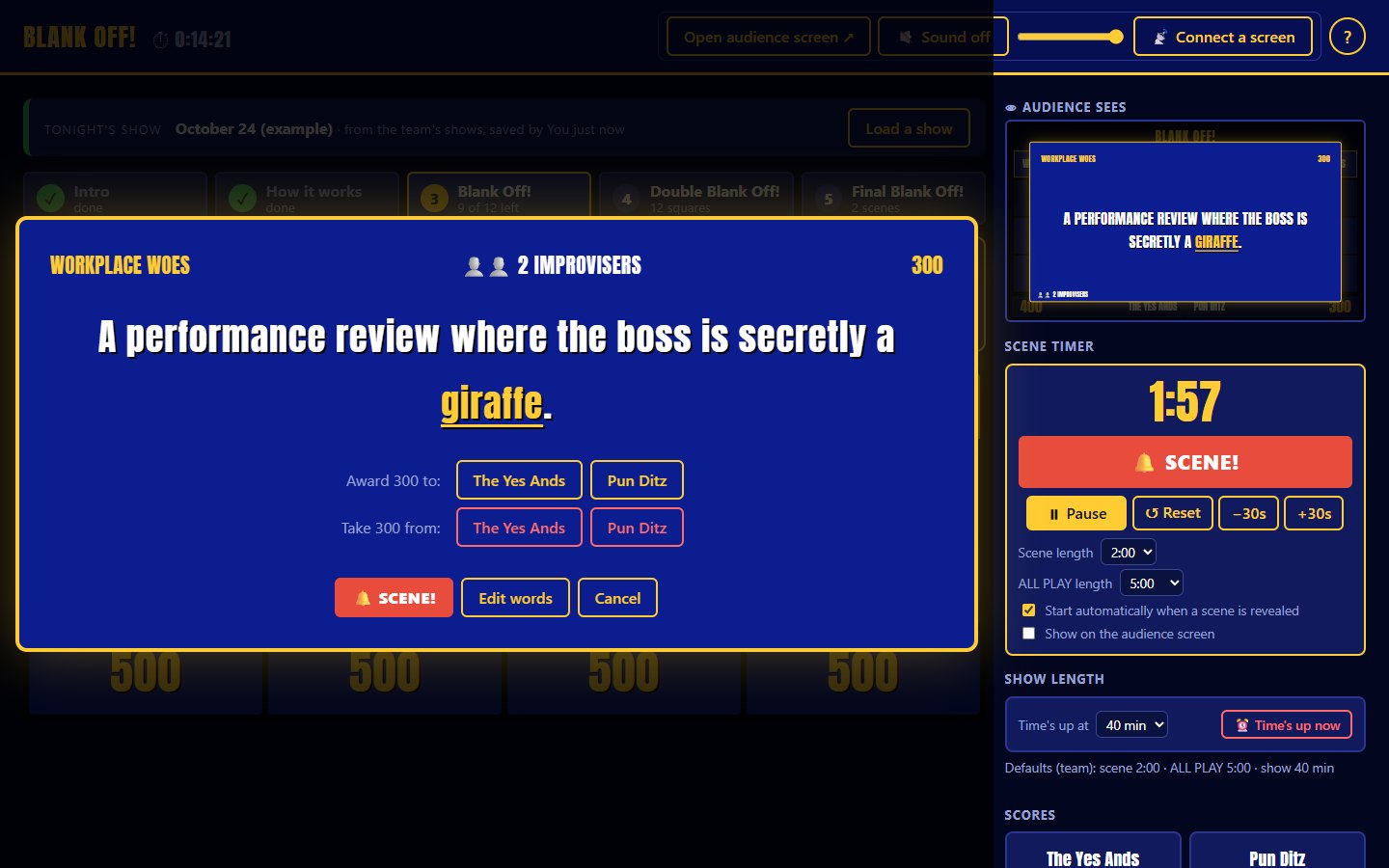 Host pop-up after the reveal with Award 300 to and Take 300 from buttons for each team, and the scene timer running