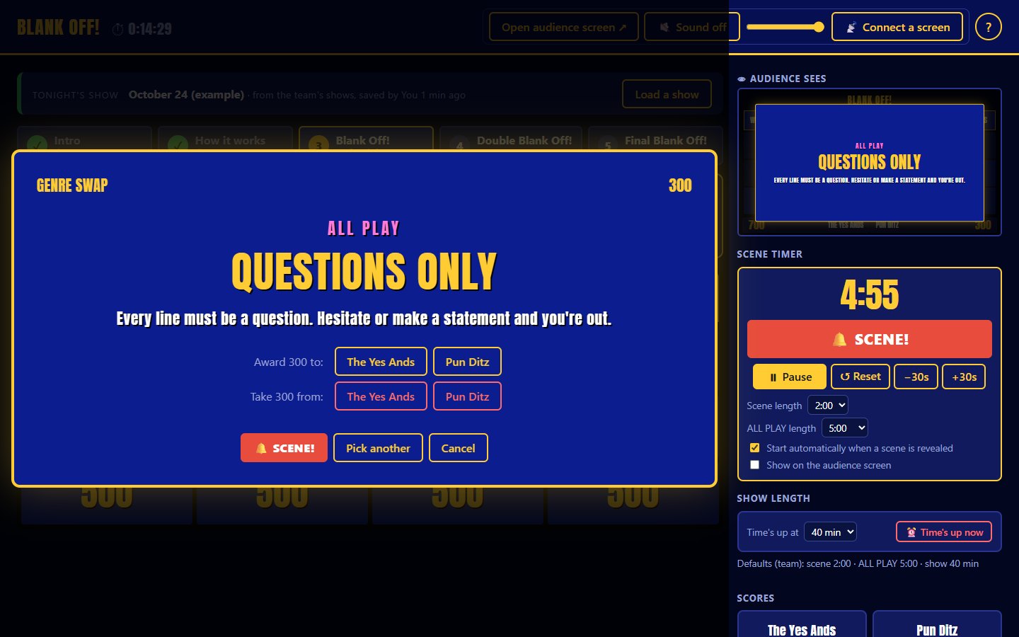 Host pop-up for an ALL PLAY showing the picked game