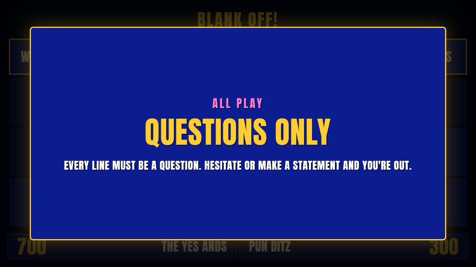 Audience screen: ALL PLAY, Garth, each player will deliver a pun based on a celebrity name