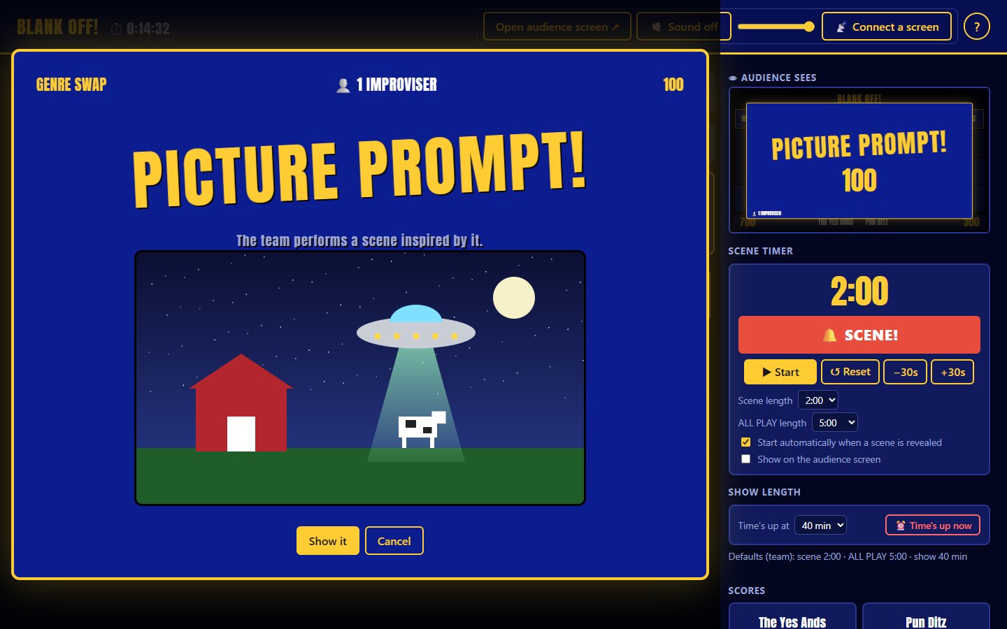 Host pop-up for a picture prompt: PICTURE PROMPT! with a preview of the picture and a Show it button