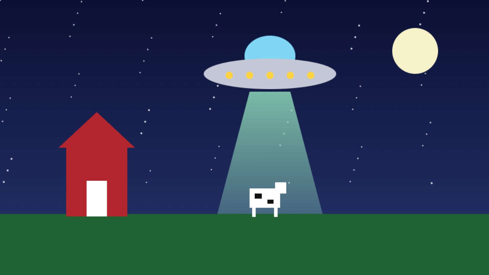Audience screen filled by an example cartoon of a UFO beaming up a cow beside a barn at night