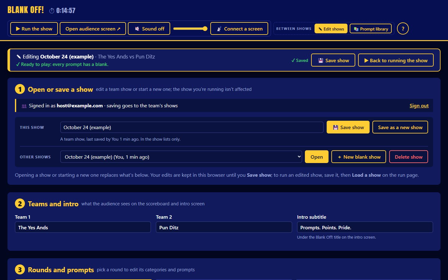 Show editor steps 1 and 2: This show row with the show name, Save show and Save as a new show; Other shows row with the show list, Open, New blank show and Delete show; then the team names and intro subtitle
