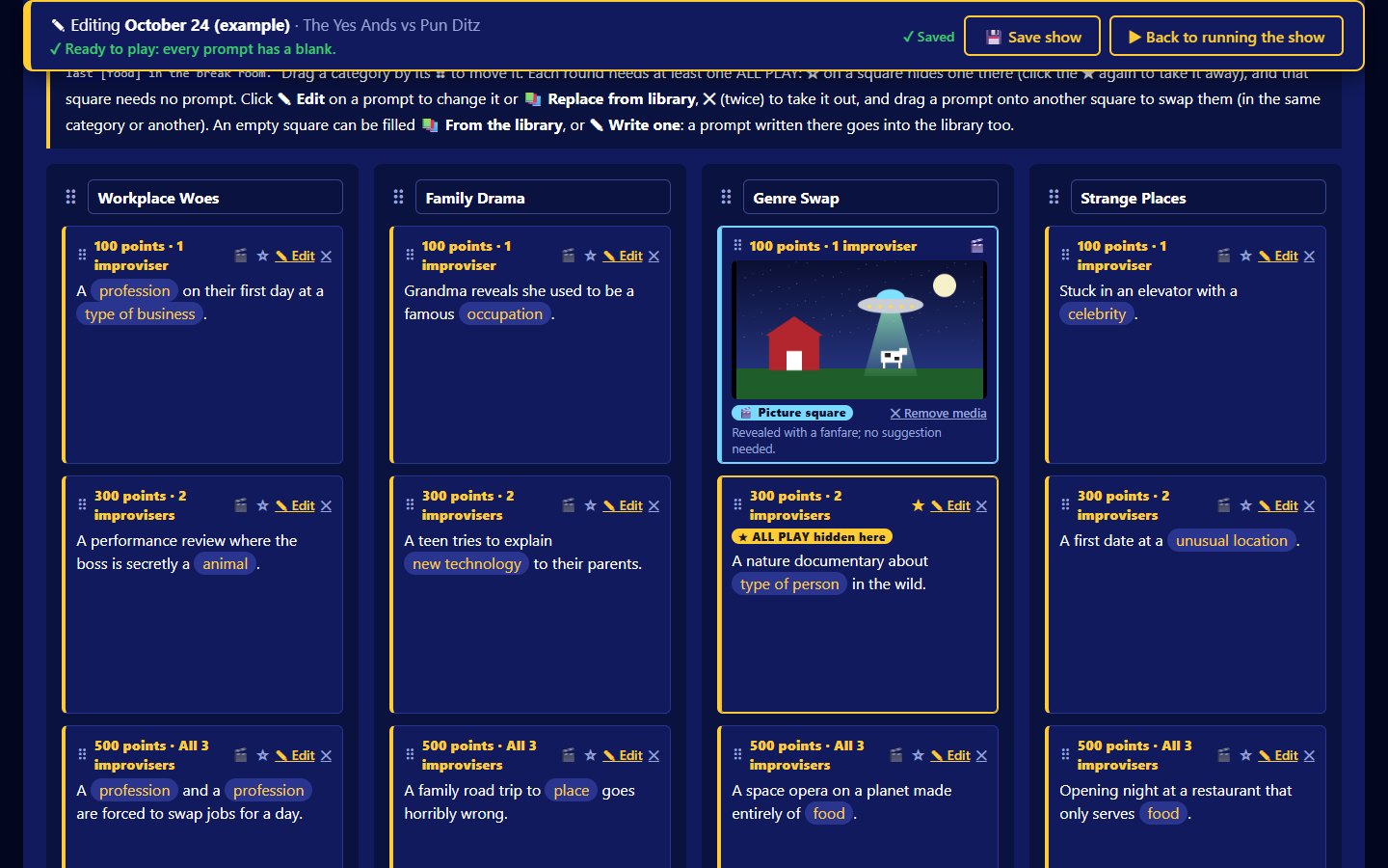 Board editor with four categories of prompt tiles: a picture square with an example cartoon, and a tile marked ALL PLAY hidden here