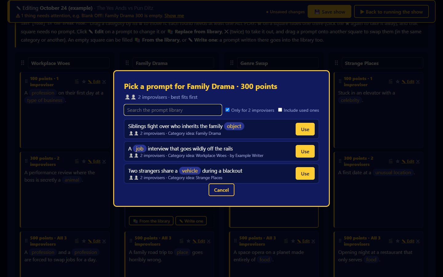 Library picker for Family Drama 300 listing three 2-improviser prompts with Use buttons
